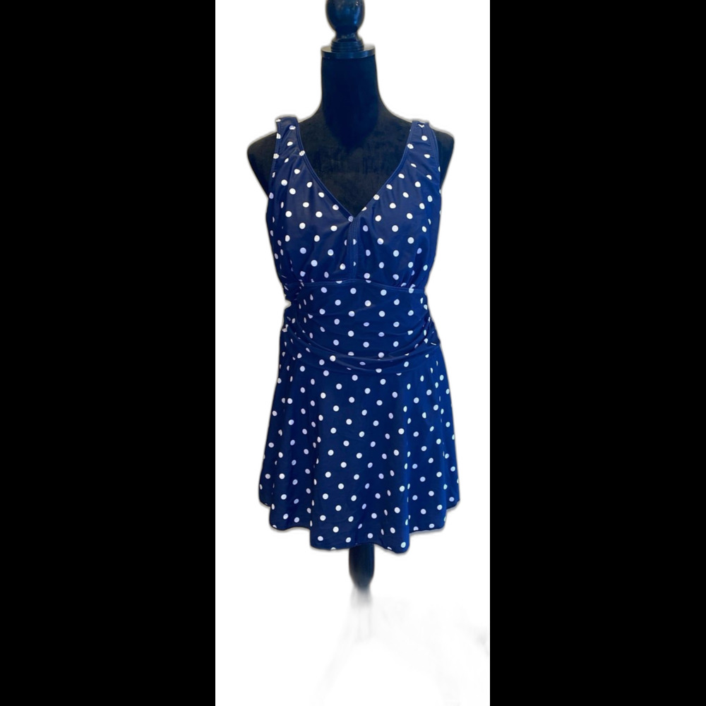 Swimsuit 2 Piece Plus 3X Modest Navy Polka Dot Rouching Separate‎ Short Bottoms